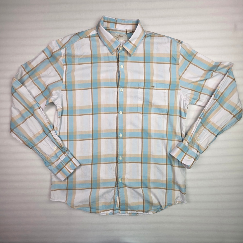 Mufti Men 2XL Blue Tan Plaid Cotton Button Down Shirt Preppy Boho Indie Sleaze